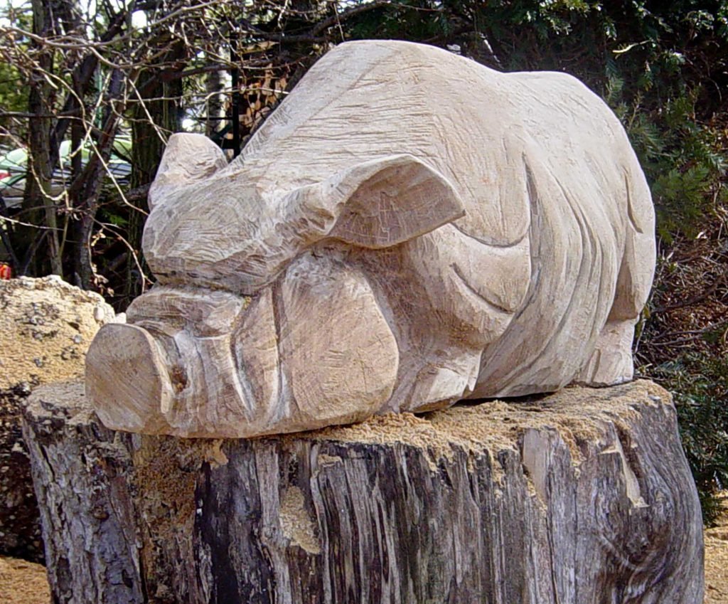 <p>Holz-Schwein, geschnitzt aus Eiche, Holzbildhauerei</p>
